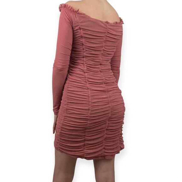 Majorelle Pink Off the Shoulder Long Sleeve Ruched Mini Dress - Picture 4 of 6